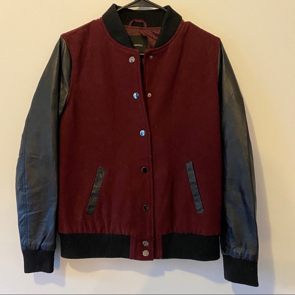 Varsity bomber jacket with faux leather sleeves